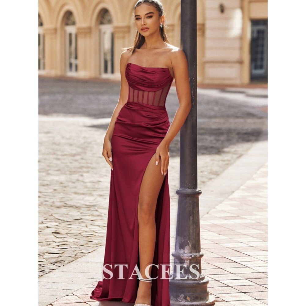 Stacees Column Cowl Neck Sleeveless Sweep Train Satin Dress Pleated Split Size 4